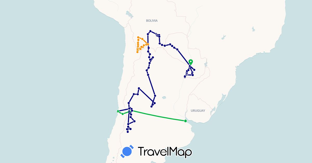 TravelMap itinerary: driving, bus, hiking, hitchhiking in Argentina, Bolivia, Chile, Paraguay (South America)